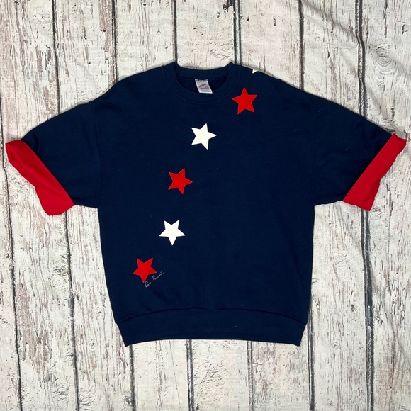 Vintage Tops - Vintage Stars America Blue Crewneck Short Sleeve 1980s Women's Sweatshirt